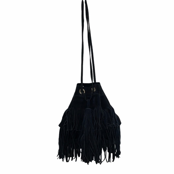 Zara Handbags - Zara genuine suede leather black fringe boho bag